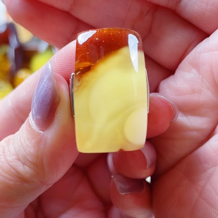 琥珀银S925镶嵌裸石戒指