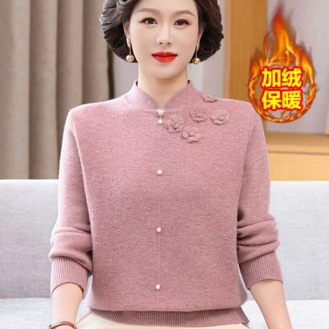 妈妈2025秋冬加绒时尚国风长袖针织衫上衣舒适显瘦减龄女小衫8819