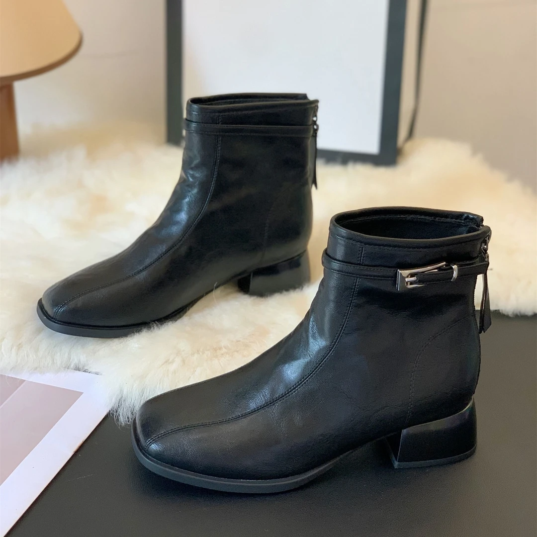 厚底增高粗跟英伦风小众拼接后拉链马丁靴2025秋冬新款超火小短靴