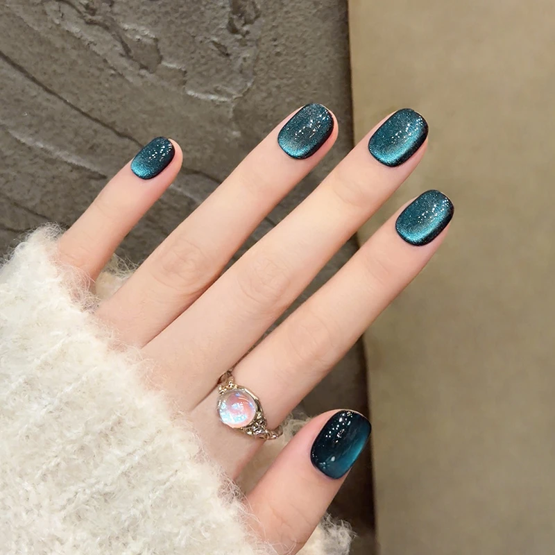 【赫尔本蓝】纯手工穿戴甲爆闪碎钻猫眼蓝宝石美甲定制假指甲