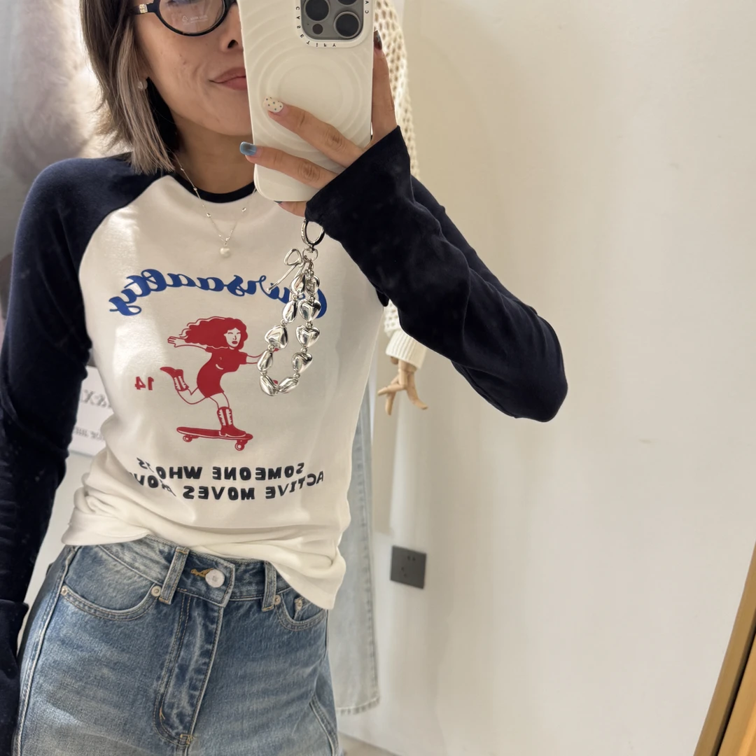 卡通动漫修身型长袖动物拼色T恤网红短款印花百搭