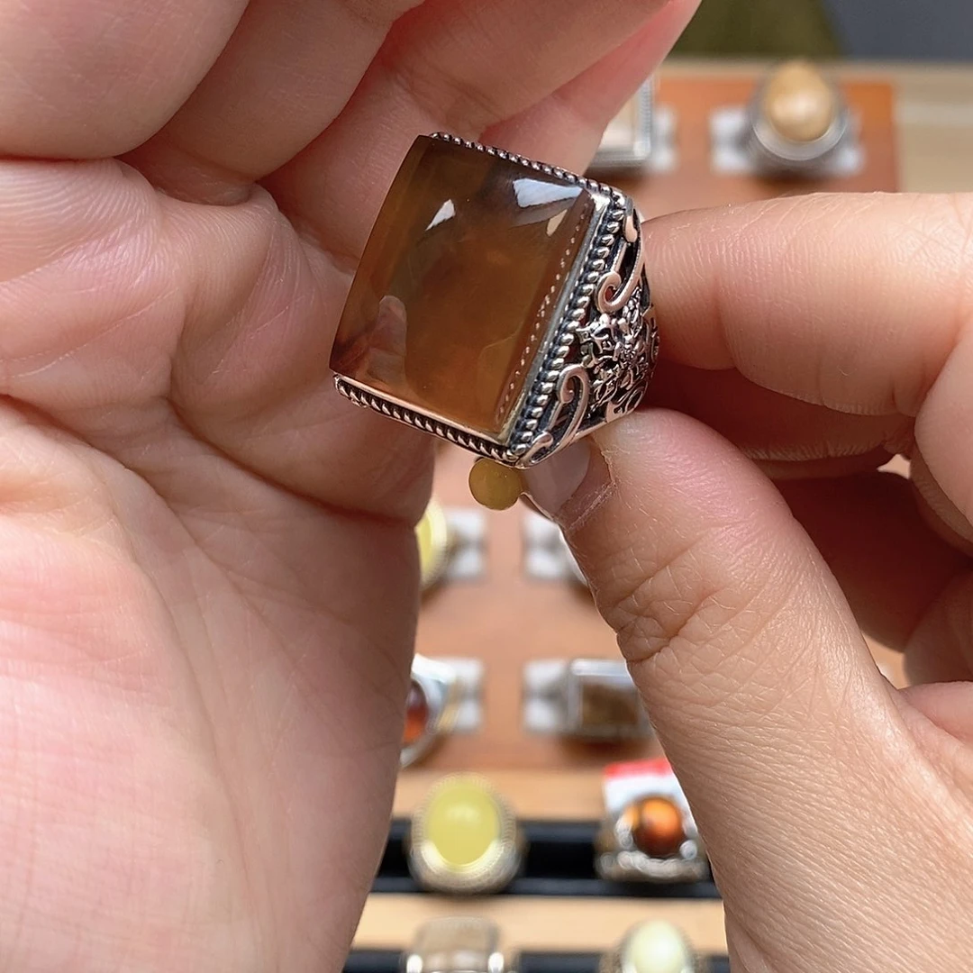 琥珀银S925镶嵌戒指琥珀