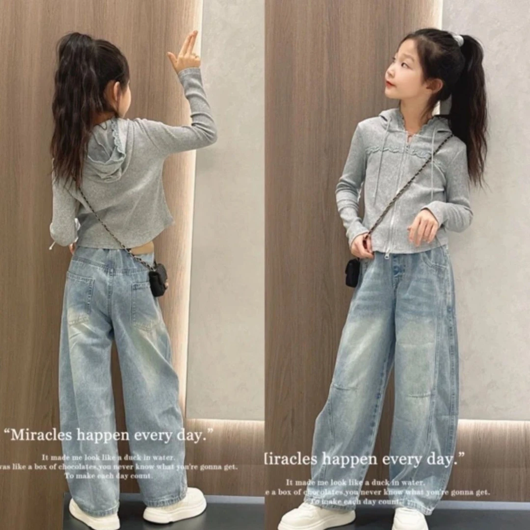 女童套装2025春秋新款中大童洋气帽衫时髦女孩牛仔弯刀裤两件套潮