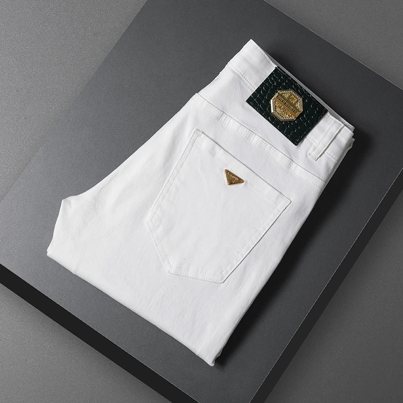 【轻奢欧货】2025春夏款高端时尚潮流修身直筒弹力白色男士牛仔裤
