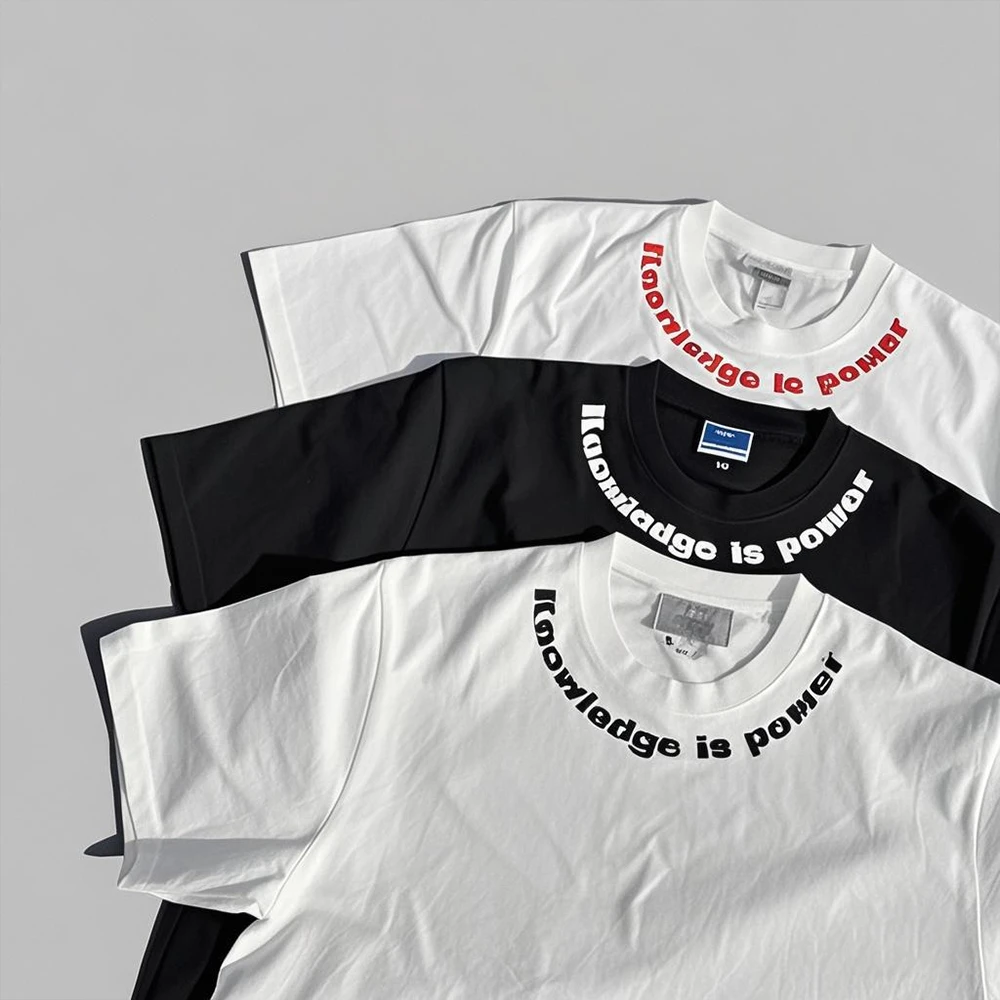 260G重磅纯棉潮牌美式弧形领口字母印花短袖T恤男女情侣宽松上衣