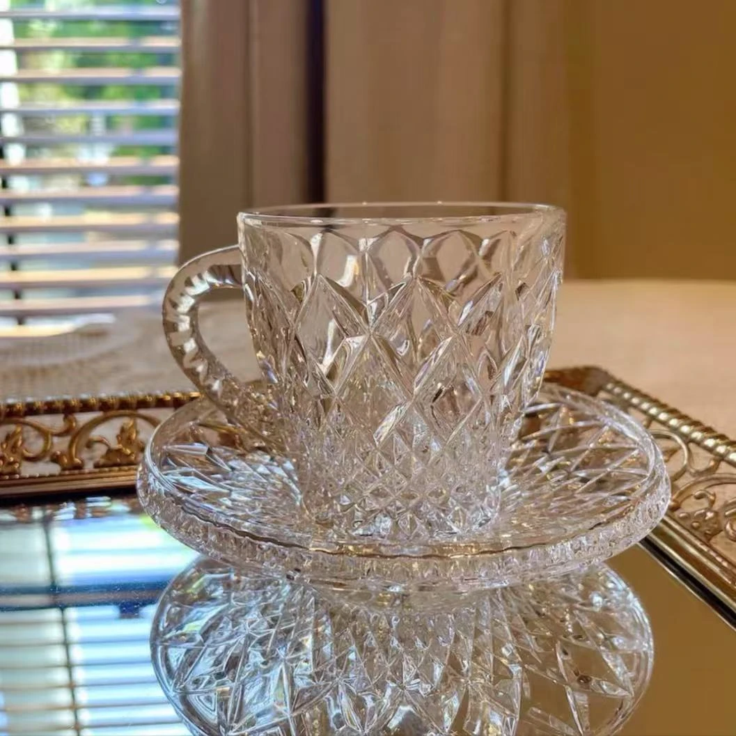 【水晶玻璃两杯两碟】带把咖啡杯精美带碟茶杯两件套