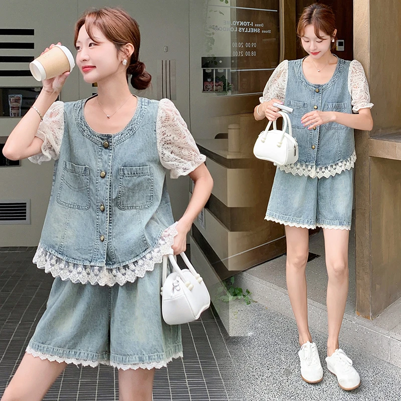 复古牛仔拼接蕾丝上衣短裤两件套女夏季大码高级感时尚显瘦套装裤