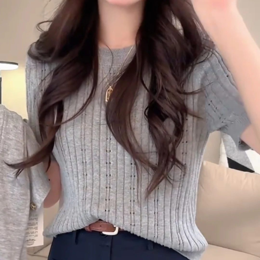 2025新款镂空气质圆领百搭短袖针织上衣LK2501660