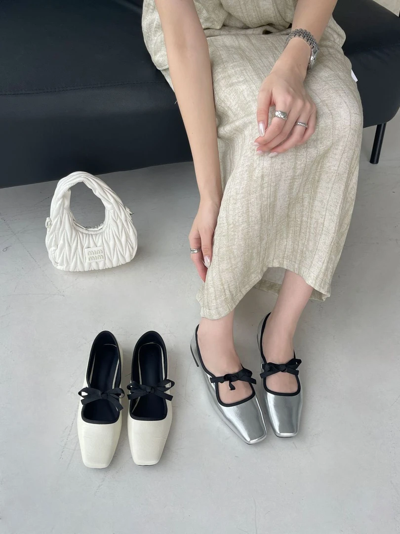 浅口法式低跟方头银色米色芭蕾鞋单鞋夏季女2025蝴蝶结春夏晚晚鞋