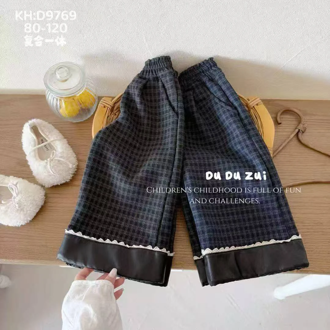 加绒格子冬季阔腿