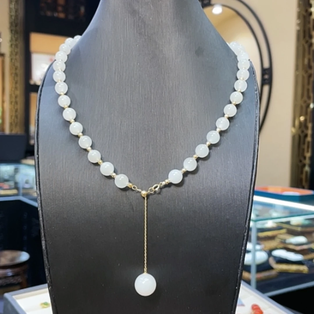 【闪购商品】和田玉颈饰18K金镶嵌女神链8mm+12mm单颗