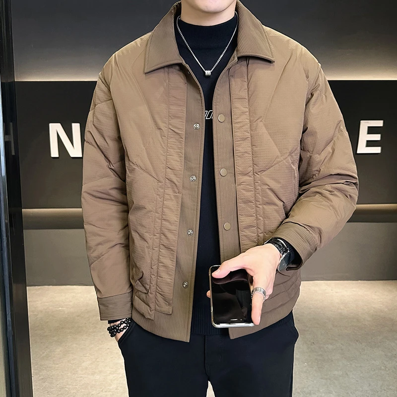 纯色衬衫领羽绒服男2024冬季男士潮牌休闲百搭白鸭绒外套夹克男装