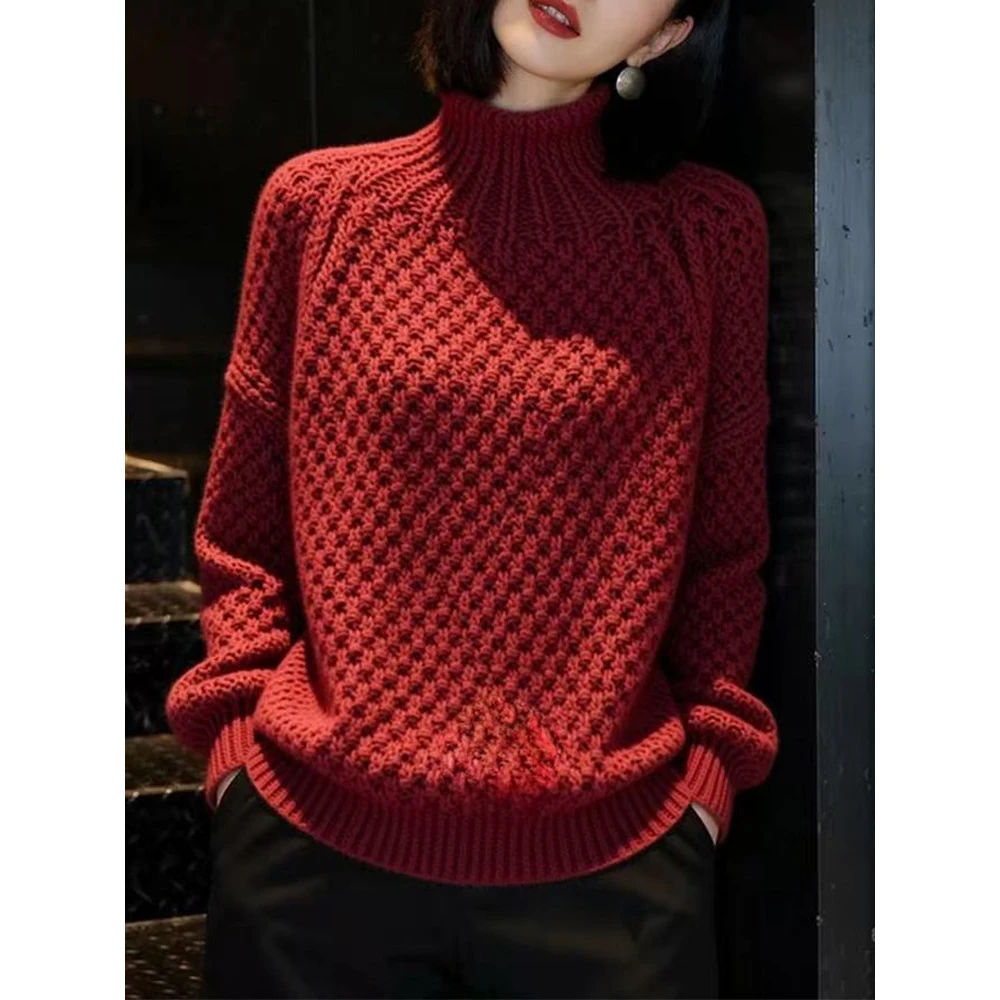红色高领毛衣女士冬季慵懒高级感减龄内搭宽松显瘦洋气针织衫上衣
