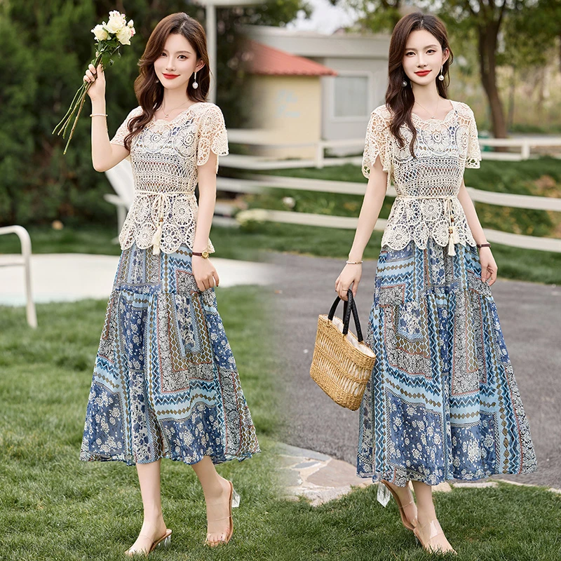 时尚套装女装印花洋气athflow风轻熟风迷彩风晕染短袖碎花显瘦