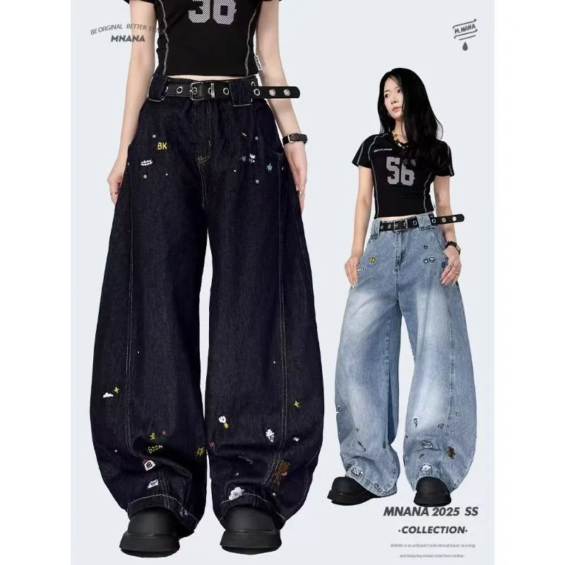 美式复古小众刺绣弯刀牛仔裤女宽松水洗阔腿裤拖地感休闲长裤潮