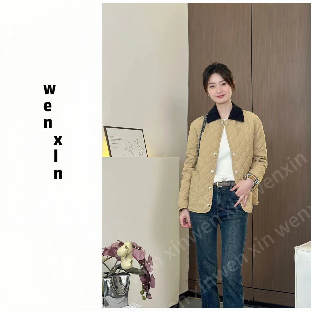 高定版~菱形格纹绗缝灯芯绒翻领短款90白鸭绒羽绒服外套