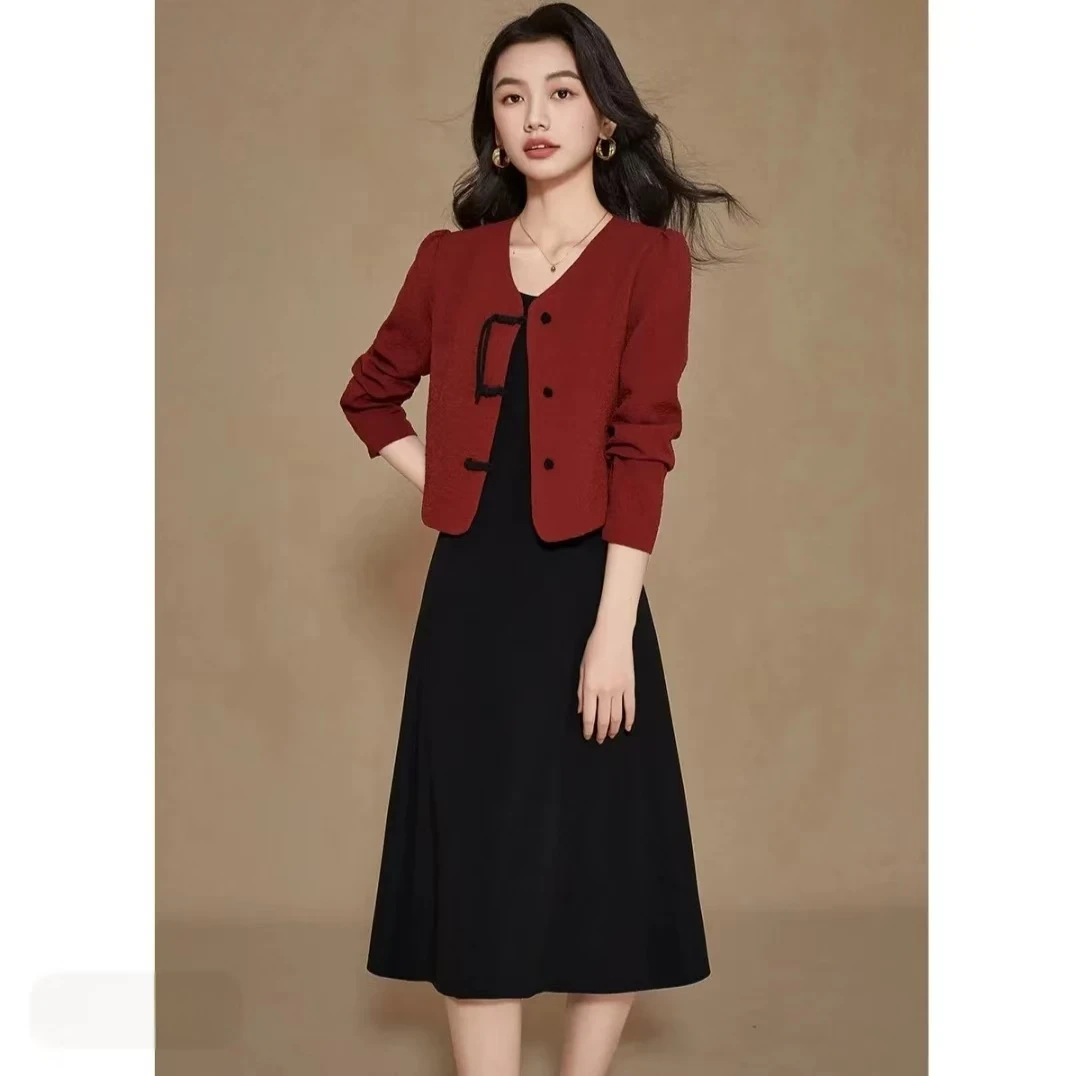 D929新中式国风连衣裙两件套裙新款2025女秋季时尚洋气百搭女套装