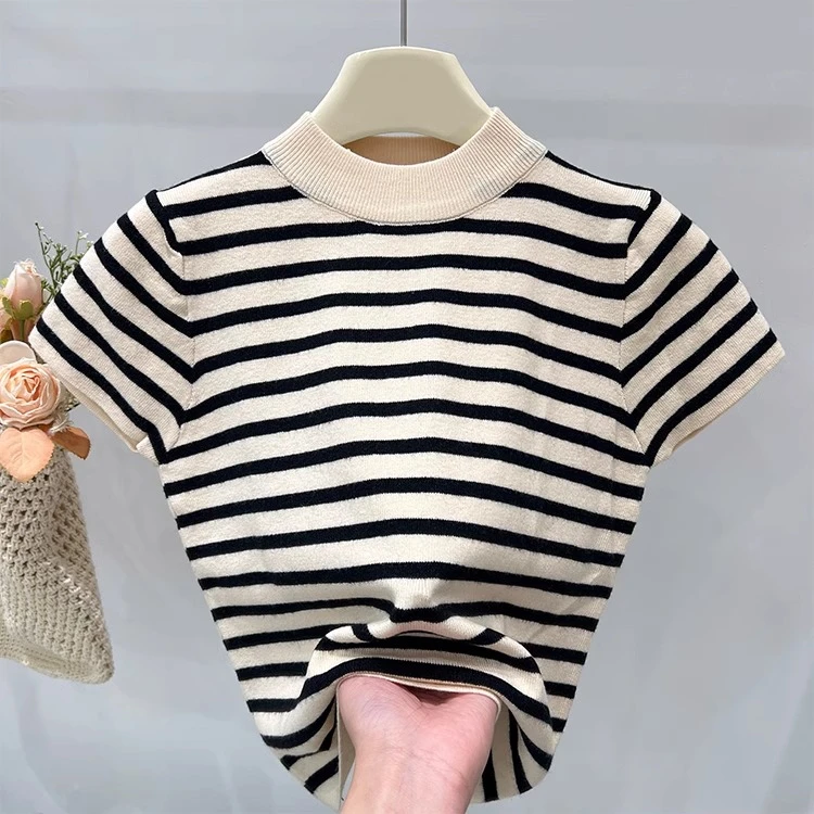 欧货复古拼色条纹针织短袖T恤女早春新款修身气质内搭打底衫上衣