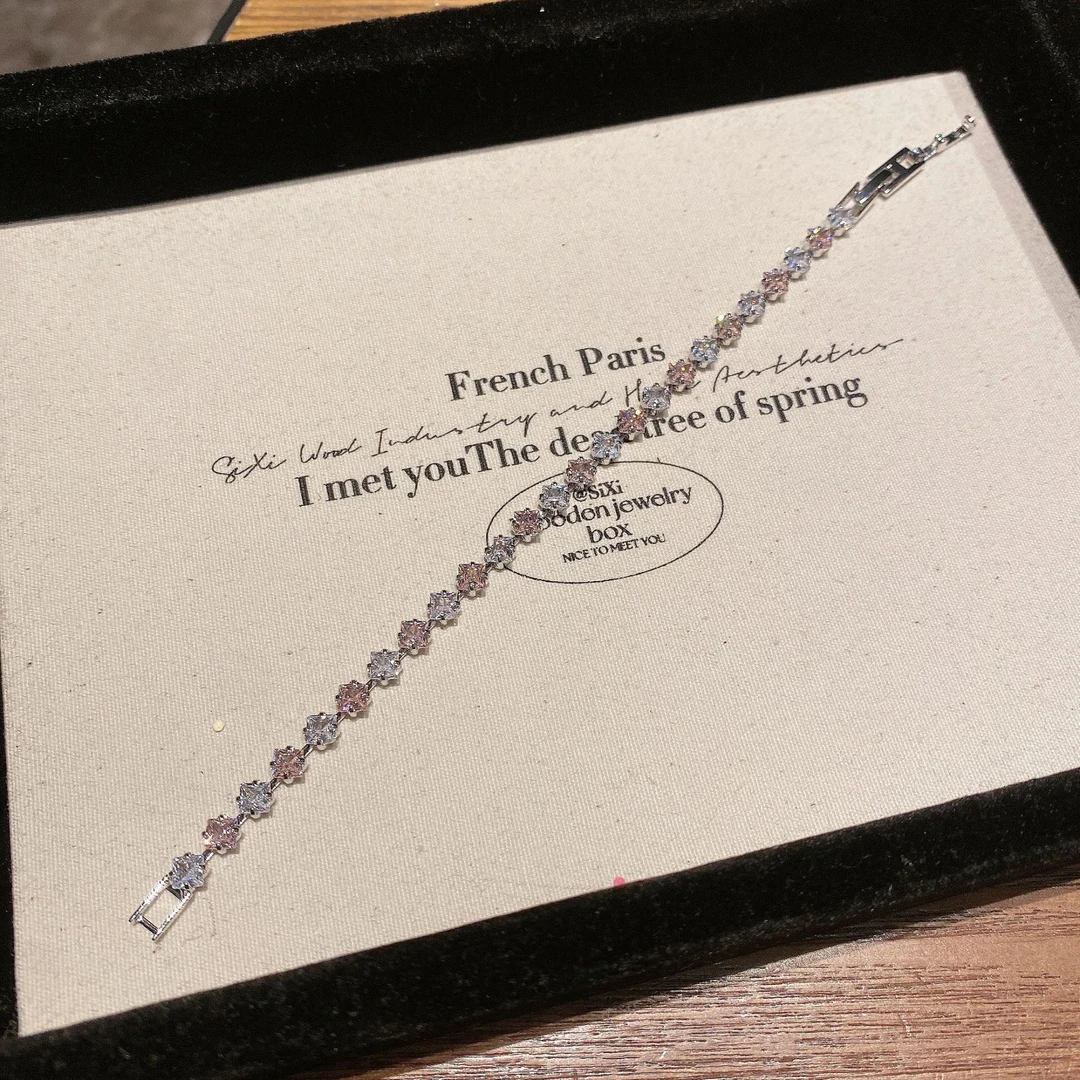 铜合金锆石手链 粉色链条手链女欧美高级设计感满钻手饰气质手环