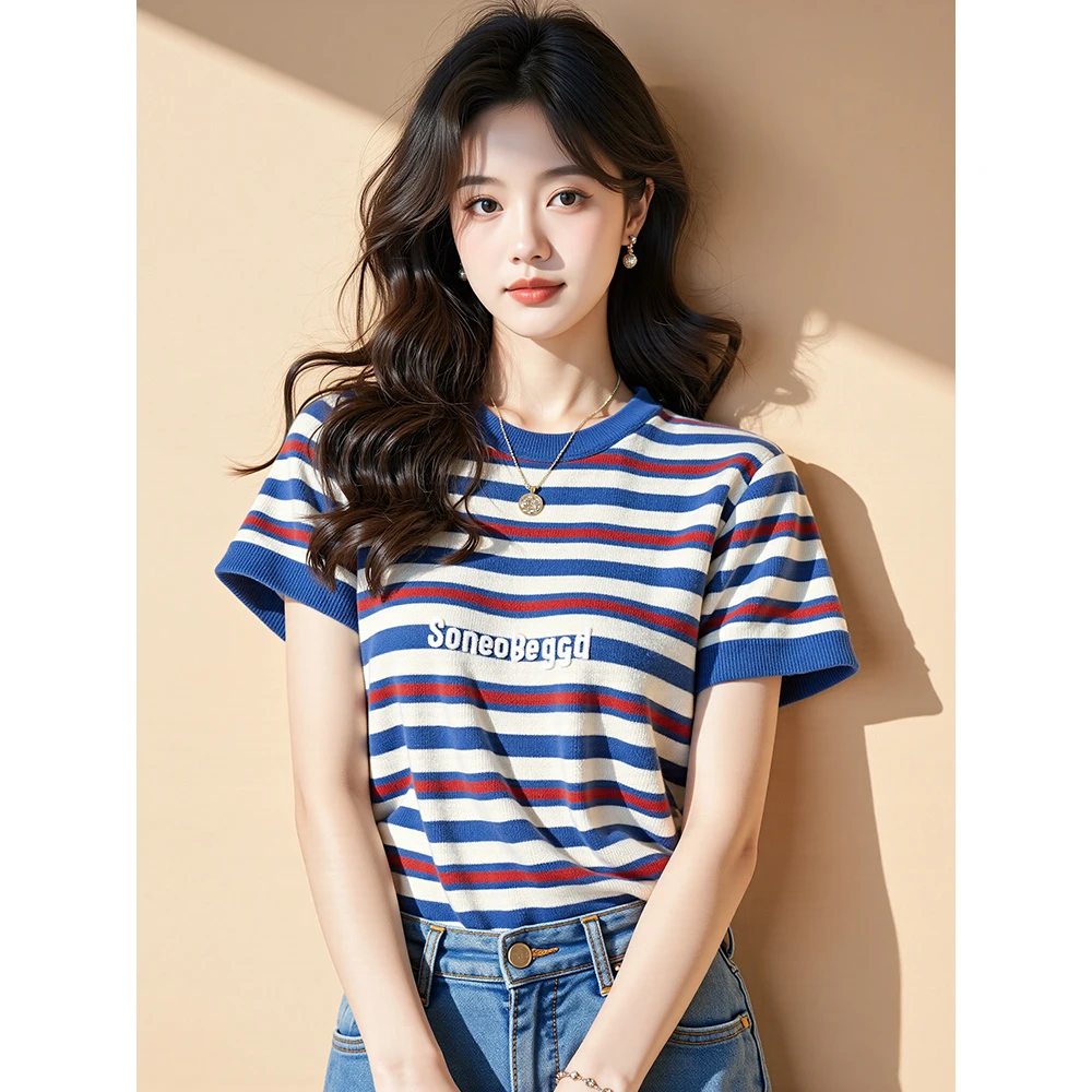 蓝色撞色条纹短袖T恤女装2025新款小个子小众设计感字母印花上衣