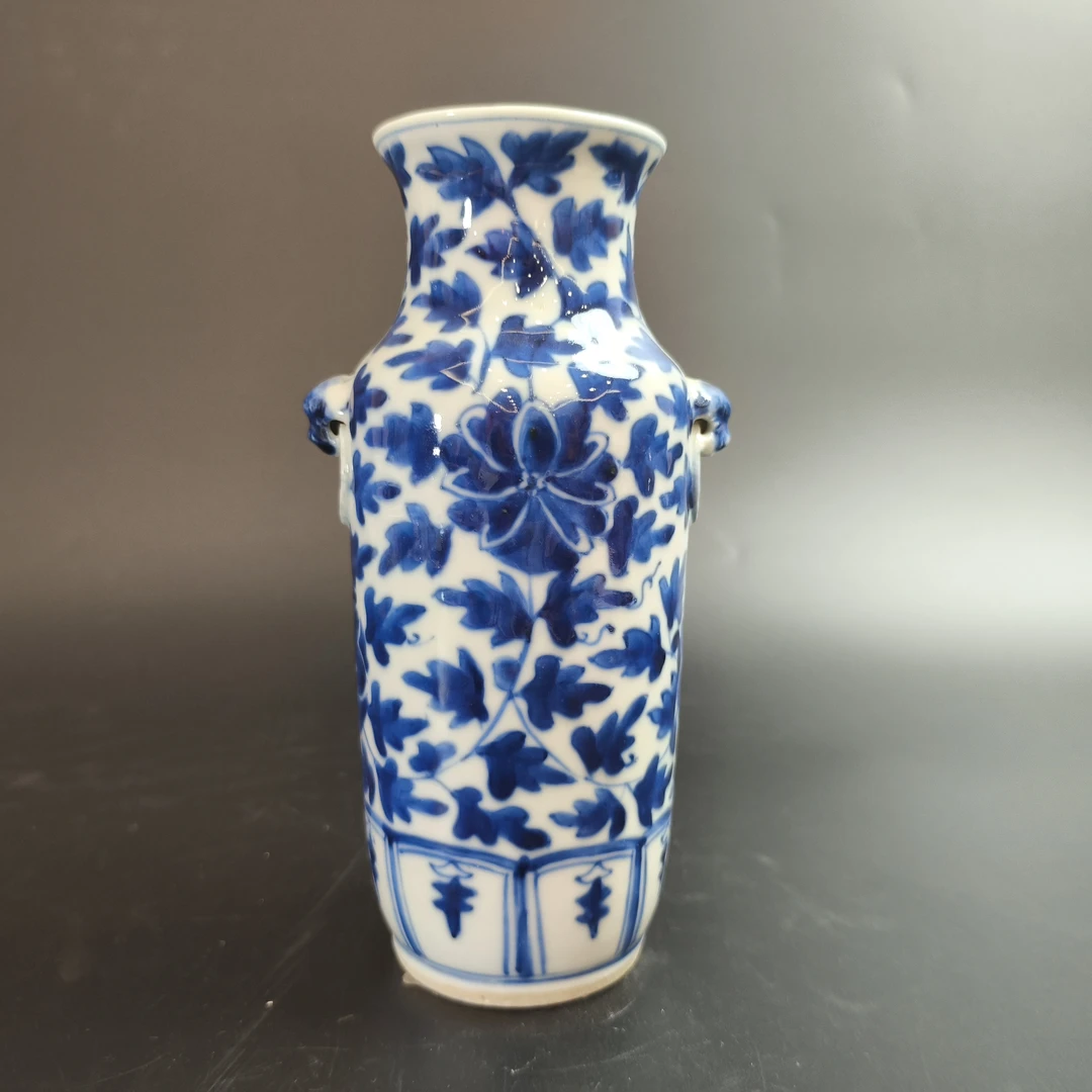 A01199清光绪青花缠枝花卉双兽耳衔环赏瓶 高20.2cm