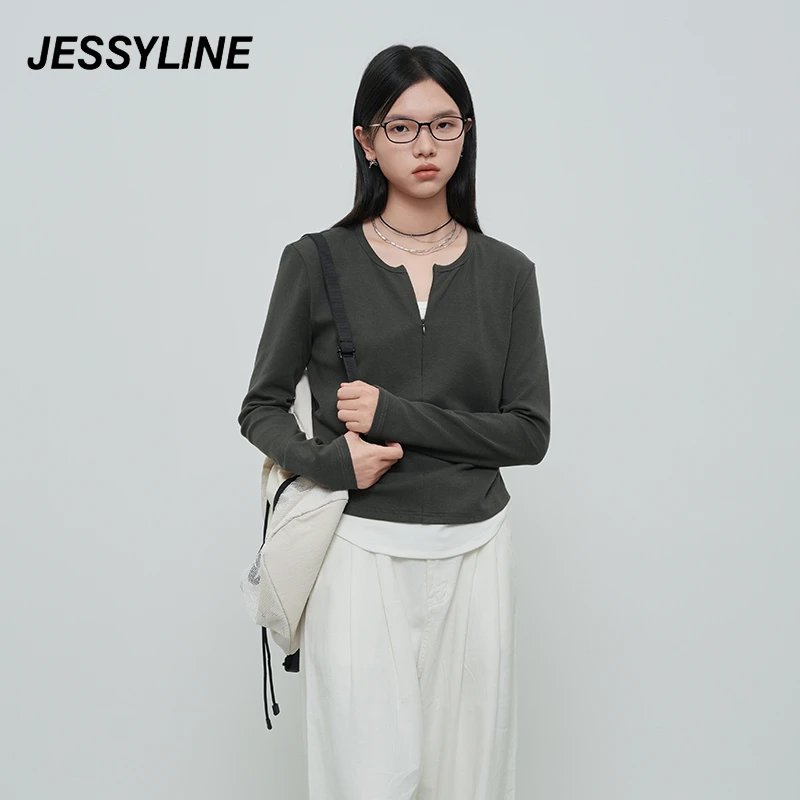 jessyline 杰茜莱假两件百搭女士上衣 春季宽松长袖