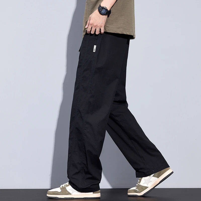Kuvine潮牌休闲裤男宽松直筒2025夏季新款纯棉纯色黑色百搭男裤子