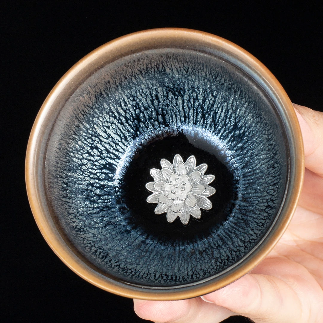 高端兔毫建盏茶杯高档个人专用单杯镶银陶瓷主人杯莲花鱼银杯茶盏