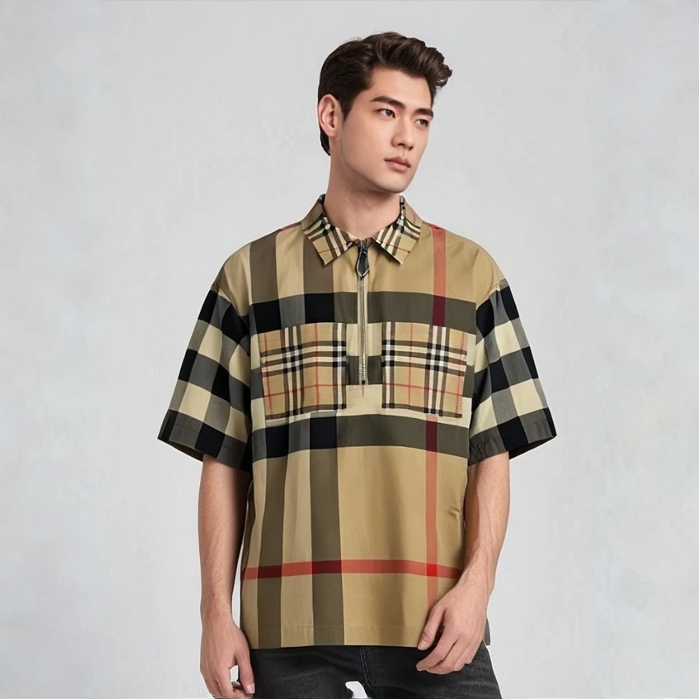 99新 BURBERRY/博柏利 16115769 半拉链格纹衬衫短袖 卡其色 XS码