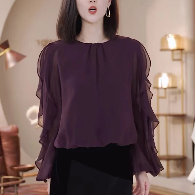 女士薄款紫色衬衫2025秋季新款洋气减龄显瘦设计感木耳边法式上衣