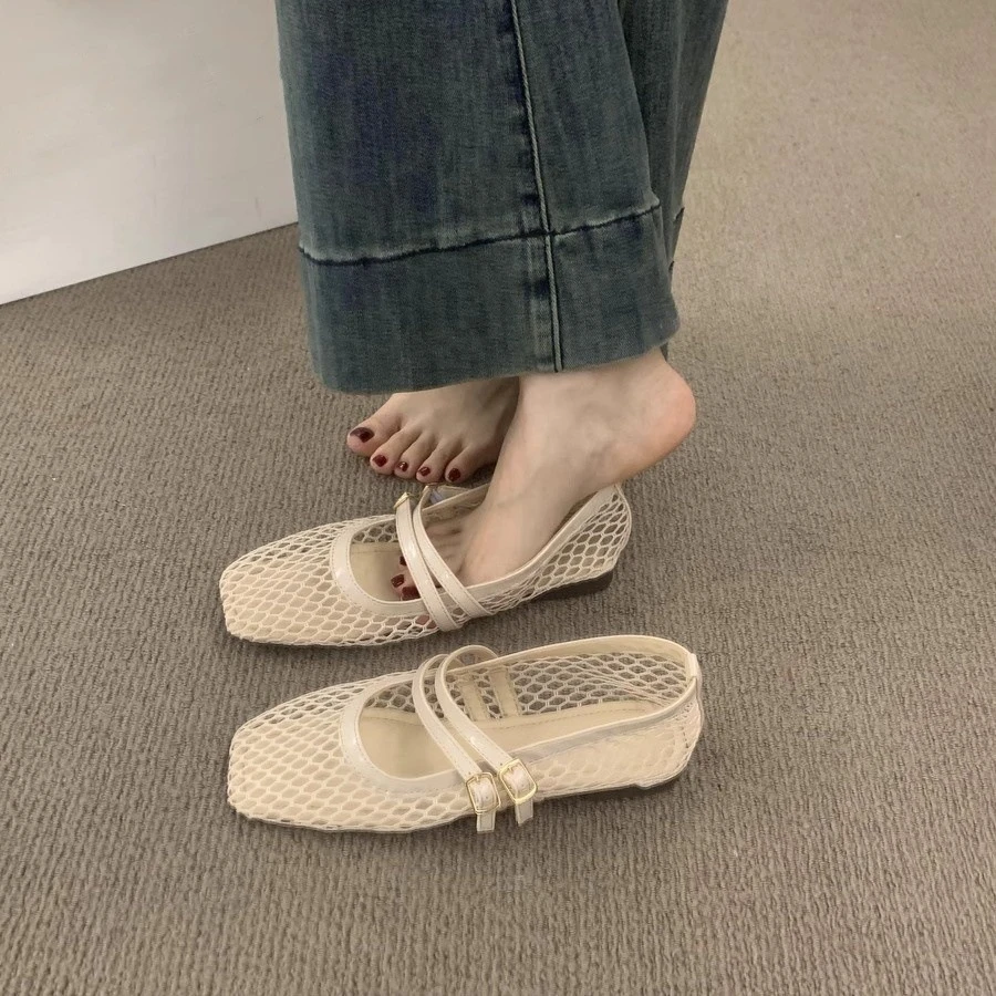 UHCK法式平底镂空透气渔网鞋子2025夏季新款网纱玛丽珍鞋芭蕾舞单