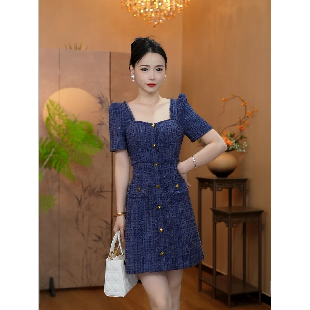 3537小香风法式方领短袖连衣裙修身短裙高级感收腰a字裙QH