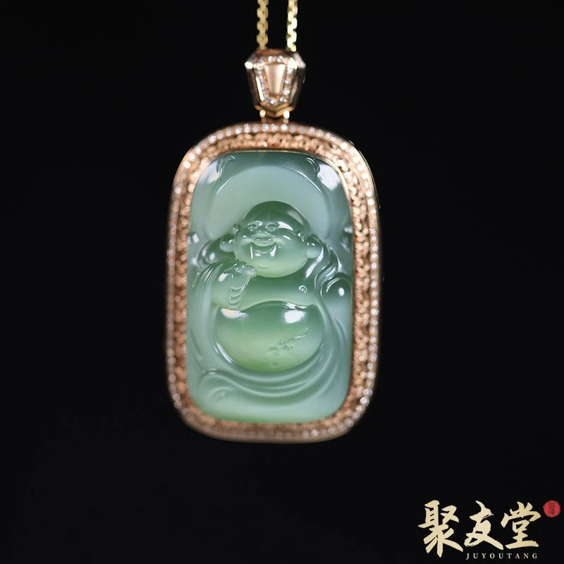 聚友堂王伟玉雕俄罗斯碧玉猫眼苏工笑佛18k金镶嵌佛玉牌挂件吊坠