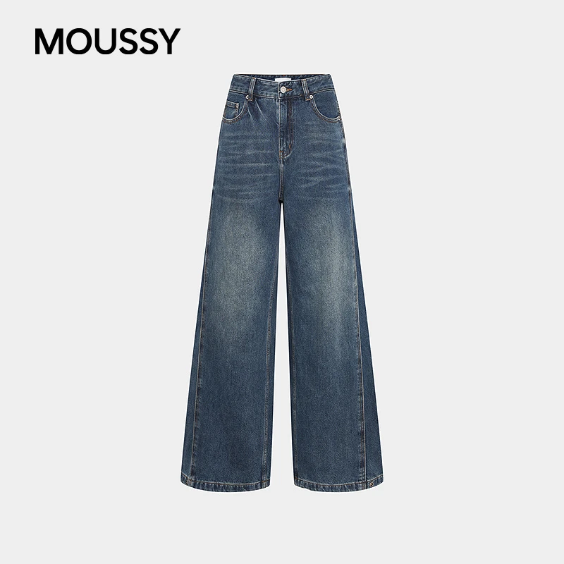 MOUSSY 2025秋季新品丹宁复古风阔腿牛仔休闲长裤女028IAA11-1021