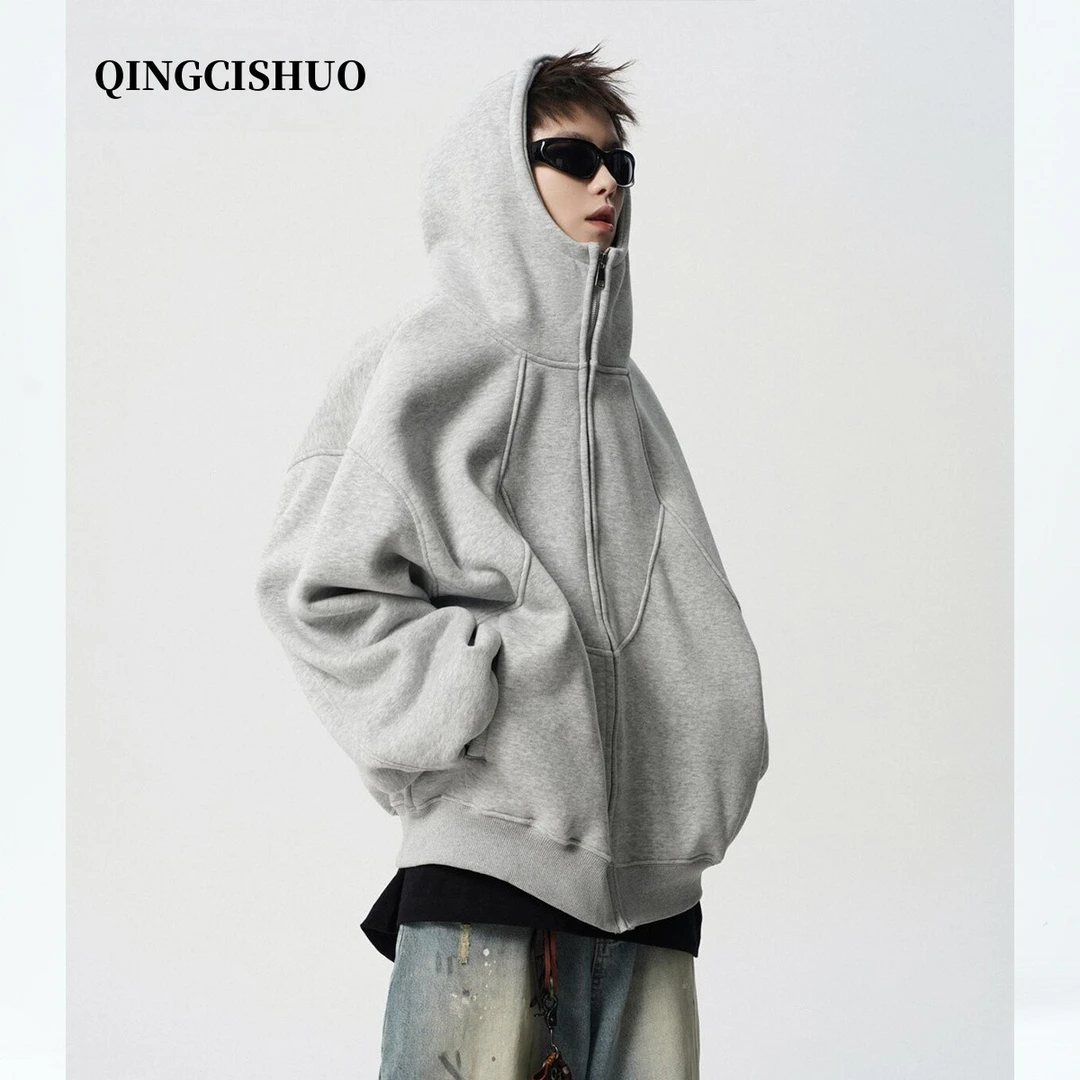 美式重磅解构连帽外套男秋季潮牌设计感拼接卫衣高街百搭情侣帽衫