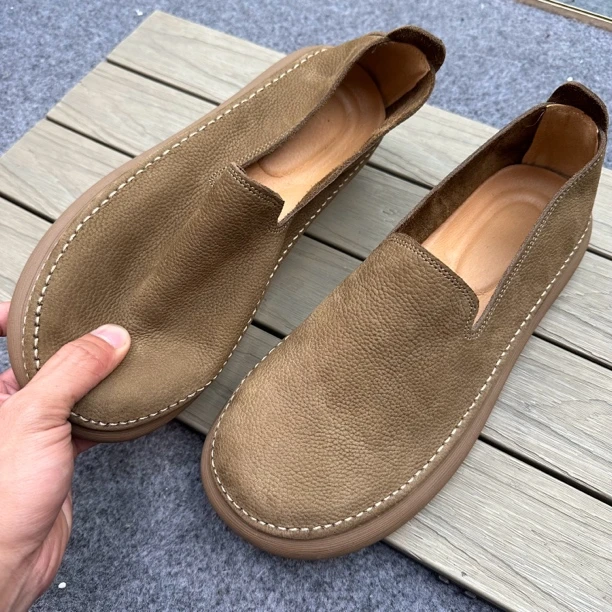 2025新款宽头乐福鞋男懒人一脚蹬真皮头层牛皮透气软皮软底皮鞋男