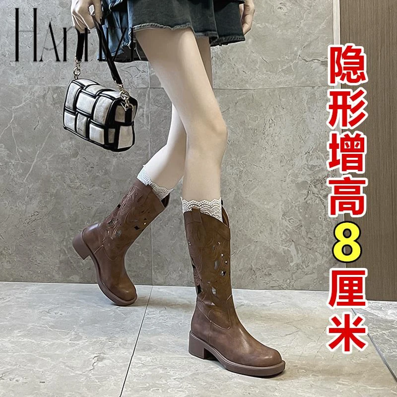 hannizi内增高复古刺绣西部牛仔靴女夏季镂空长靴粗跟中筒骑士靴