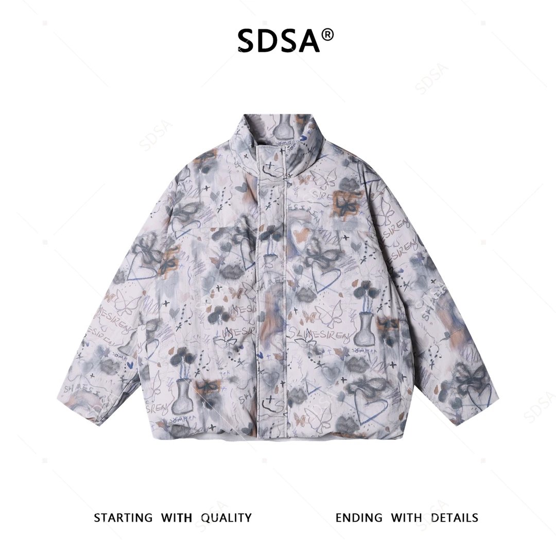 SDSA男士秋冬新款痞帅男装高街涂鸦立领羽绒服外套百搭宽松简约