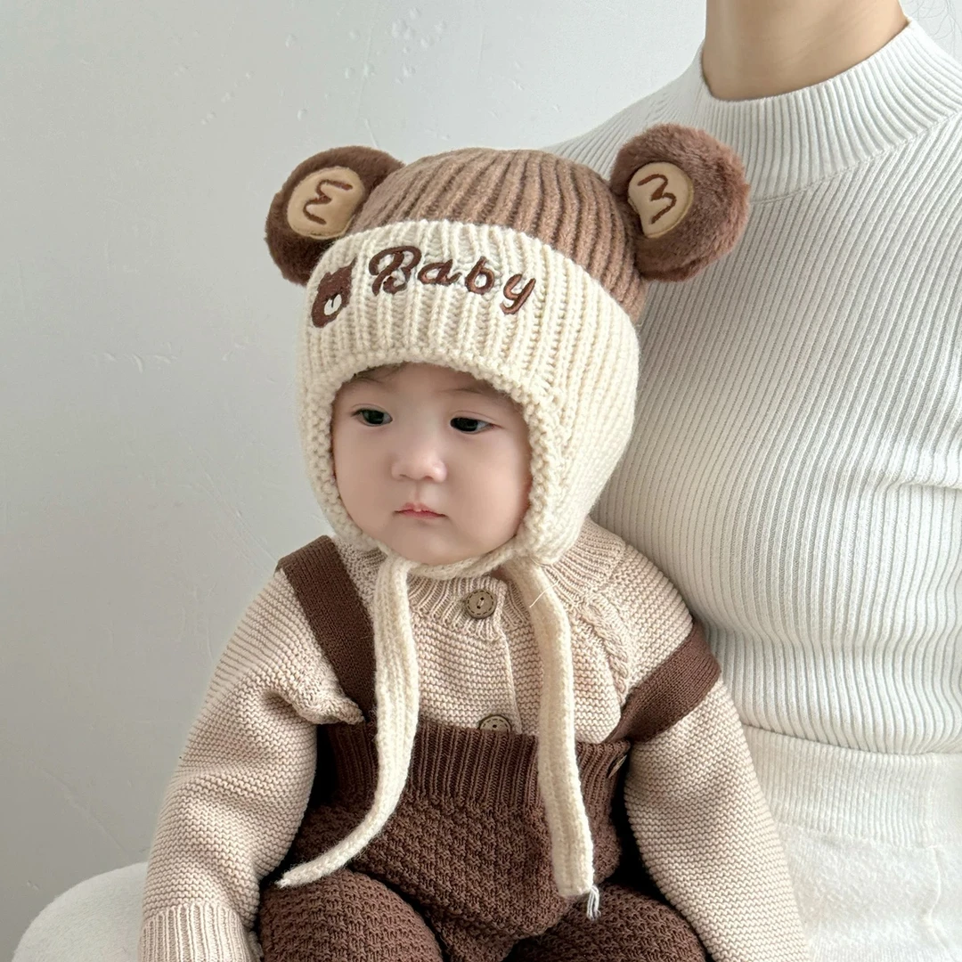 婴儿帽子秋冬季毛线帽男童女童宝宝韩版可爱小熊护耳针织套头帽潮
