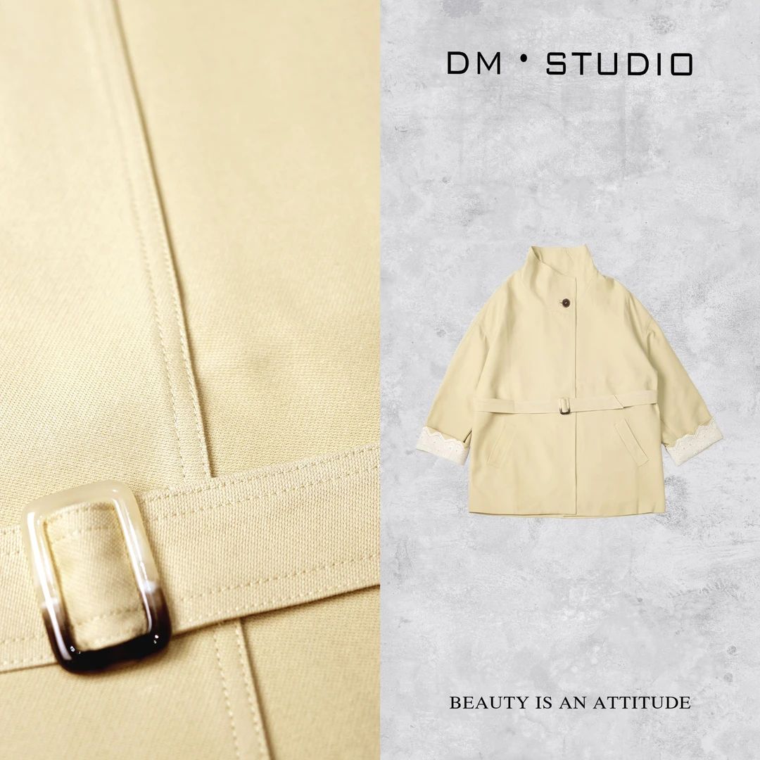 -DM•STUDIO/气质复古高级系带蕾丝花边立领风衣外套（202459）