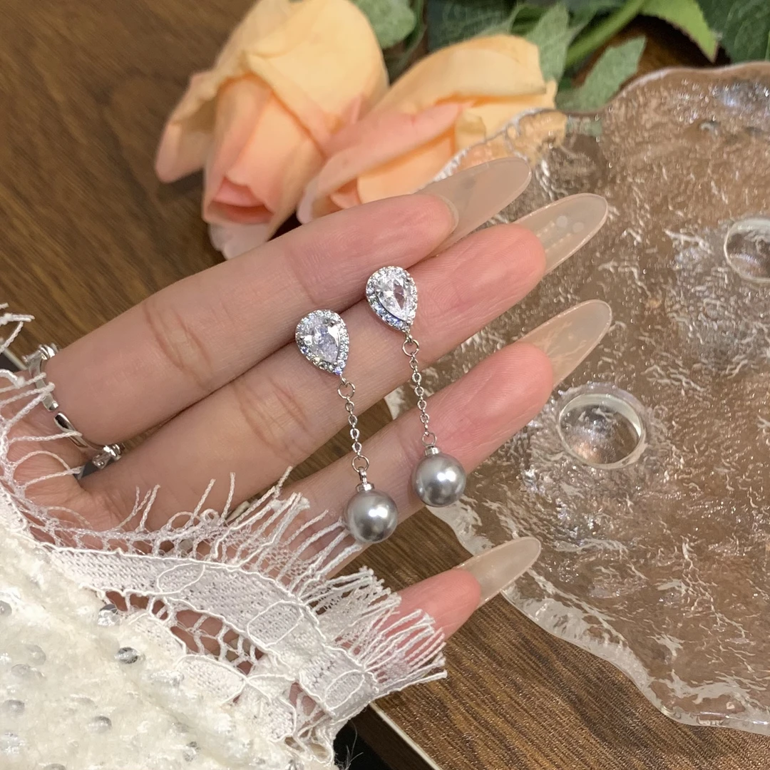 铜合金耳饰 AL5868 新款灰色珠珠百搭轻奢流苏耳环