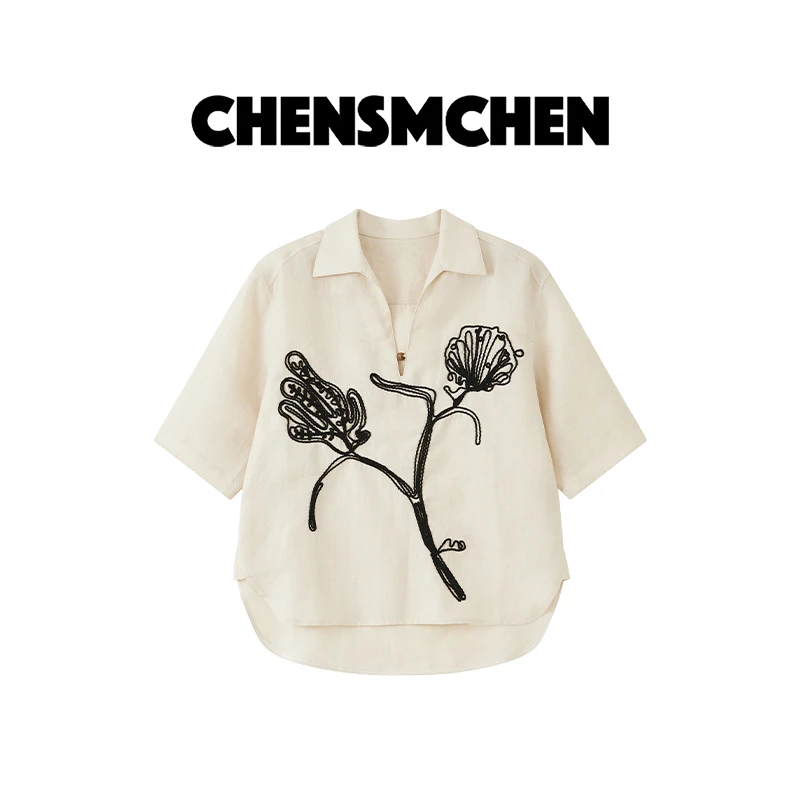CHENSMCHEN100苎麻绳绣翻领弧形衬衫女夏季宽松短袖上衣CSC4013YW