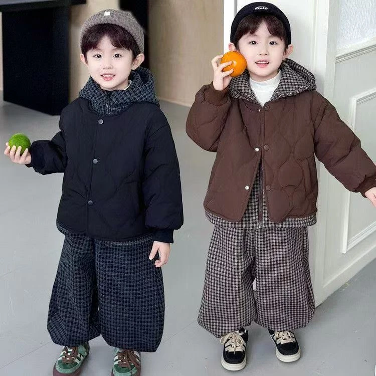 男童冬季套装2025新款儿童二棉假两件设计棉服男童加绒裤子两件套