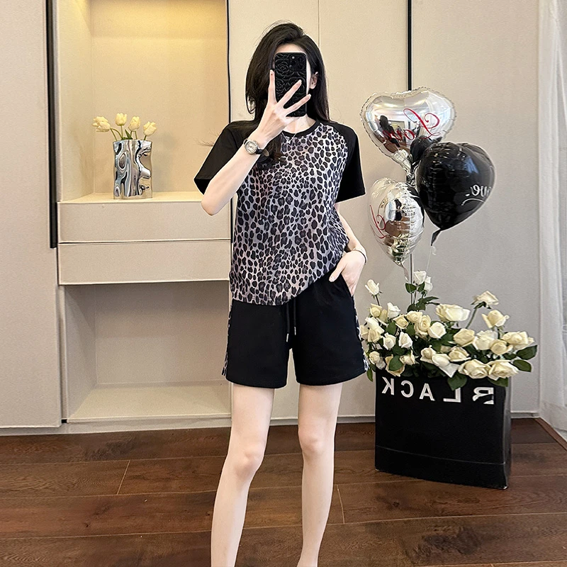 时尚显瘦运动洋气休闲夏季宽松韩版豹纹百搭黑色短袖短裤两件套潮