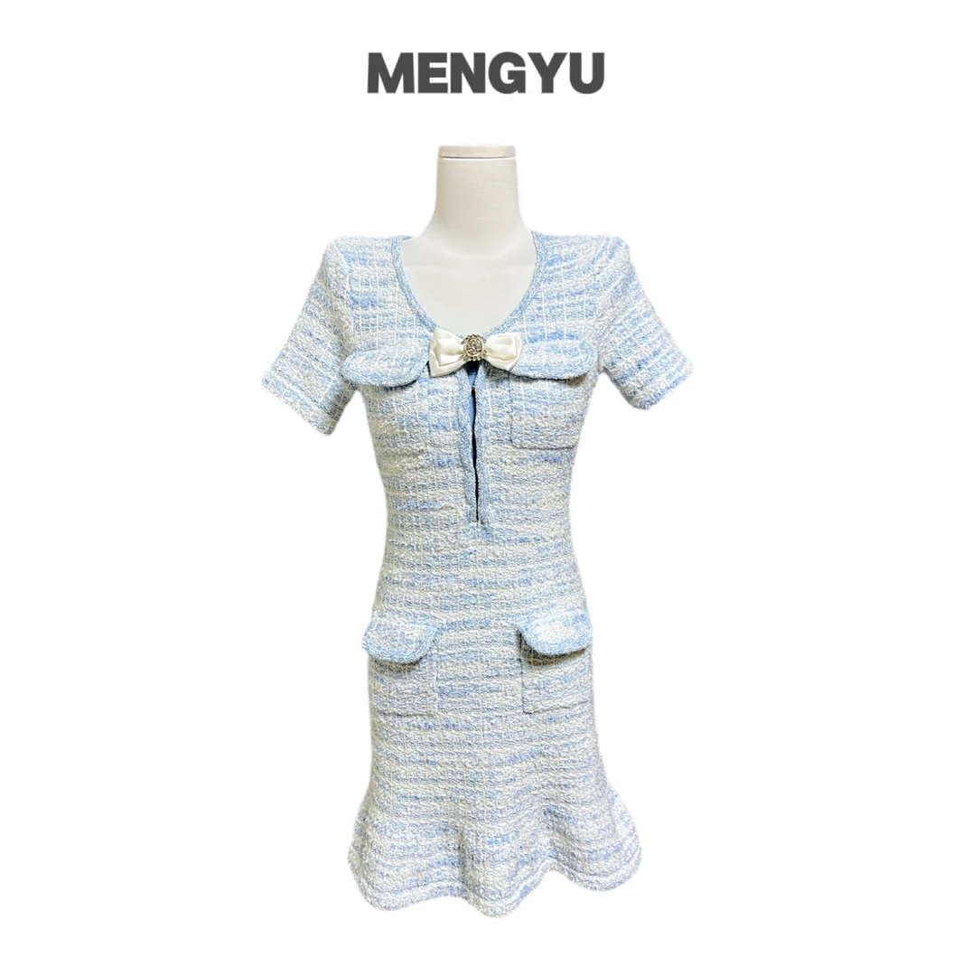 SP家新款夏季法式蓝色蝴蝶结千金风小香风短袖针织短裙连衣裙