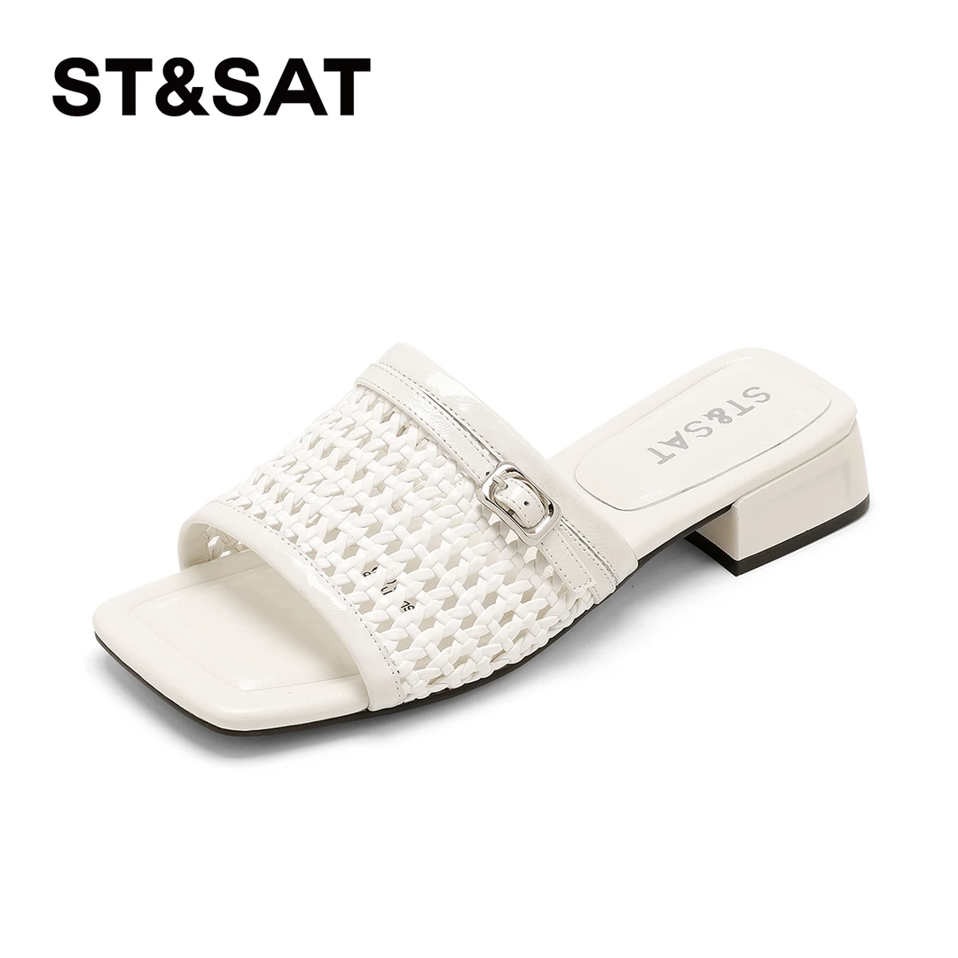 星期六夏季新款纯色时尚拖鞋百搭休闲轻便舒适镂空真皮轻职风气质