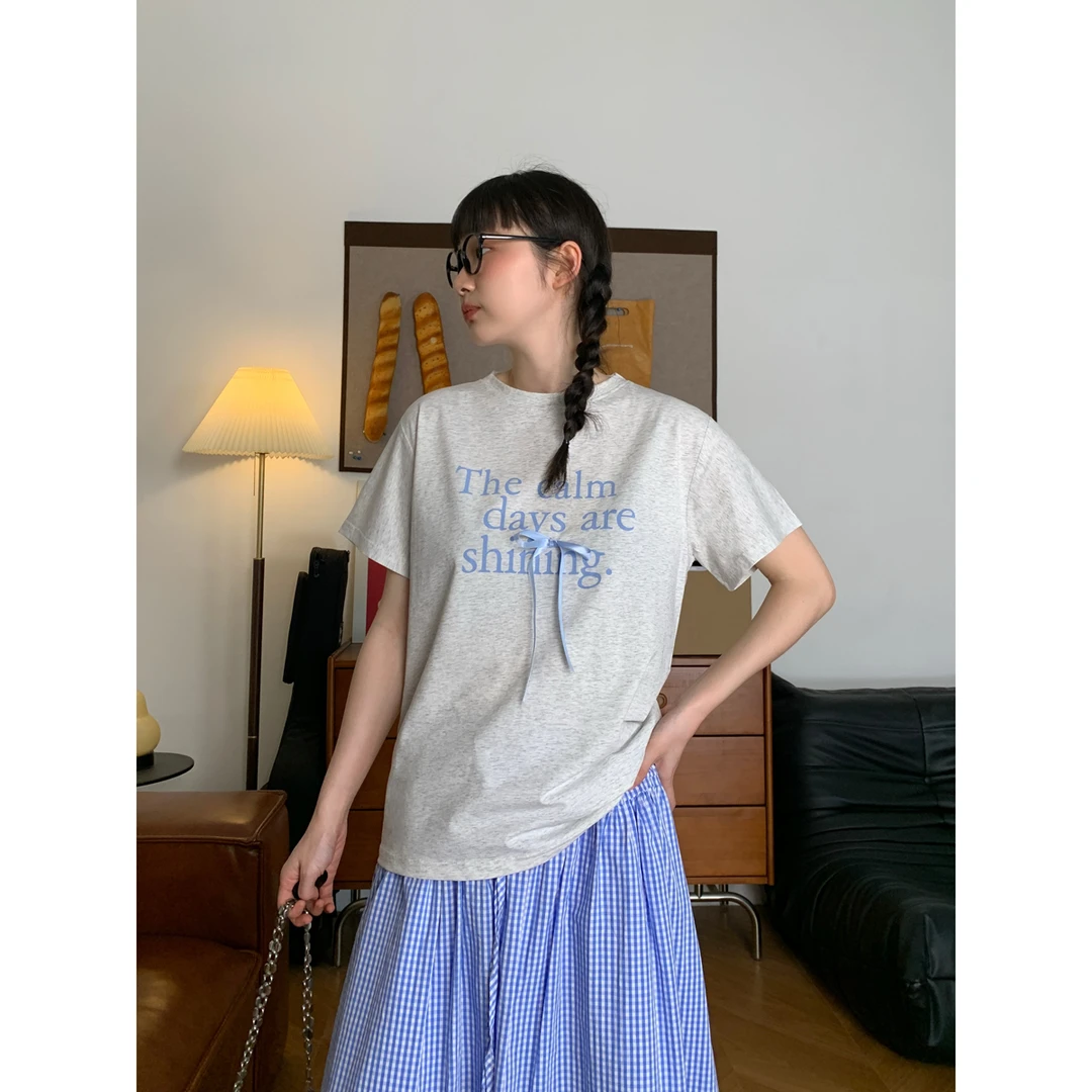 甜美蝴蝶结字母印花短袖女韩版2025夏季新款百搭显瘦弹力正肩T恤