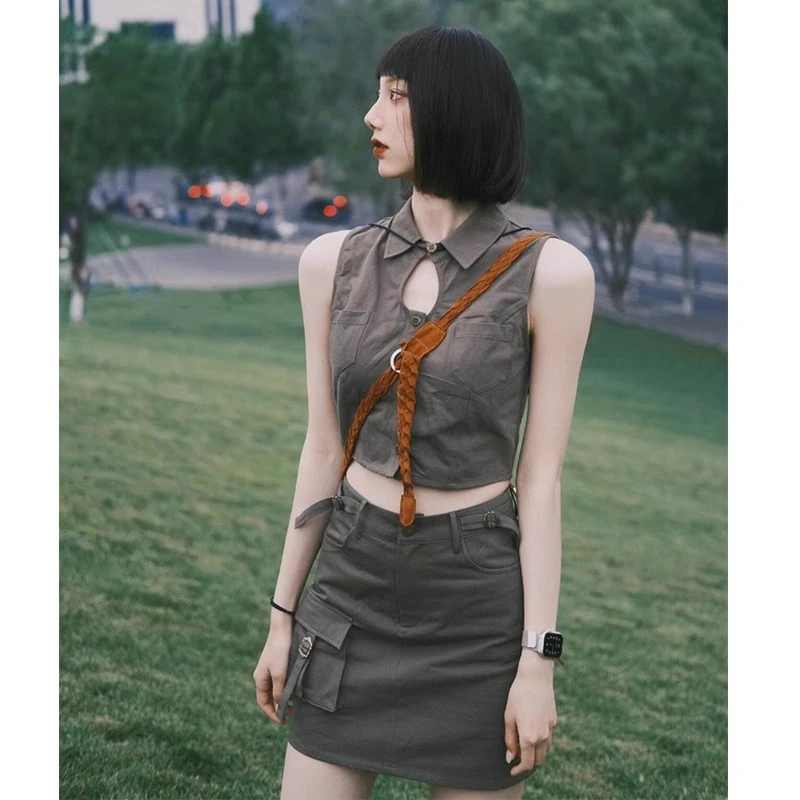 小众高级感酷飒风工装套装裙女夏季新款设计无袖上衣包臀裙两件套