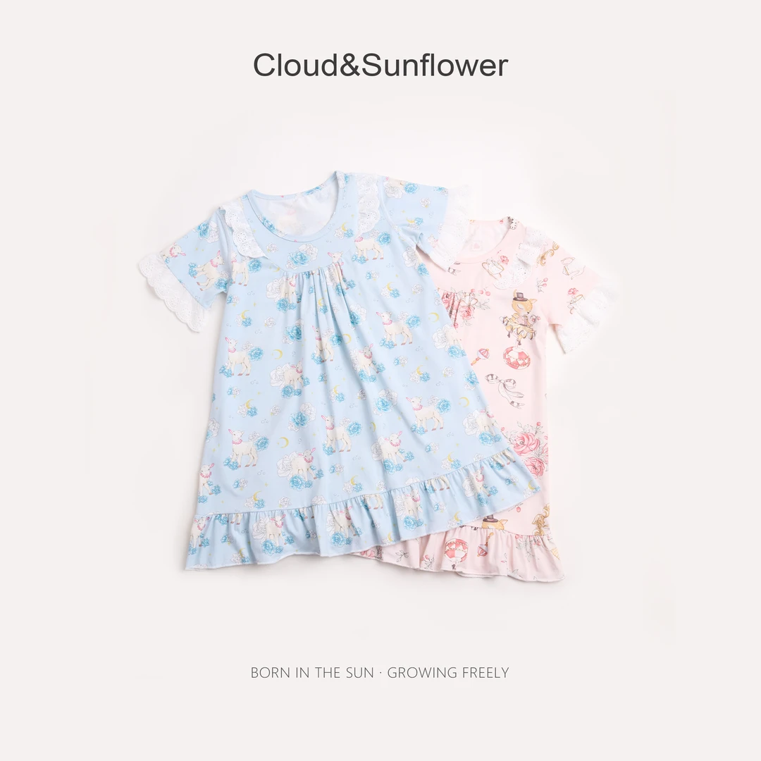 【云朵小葵】女童夏季可爱动物印花边袖休闲睡裙250609