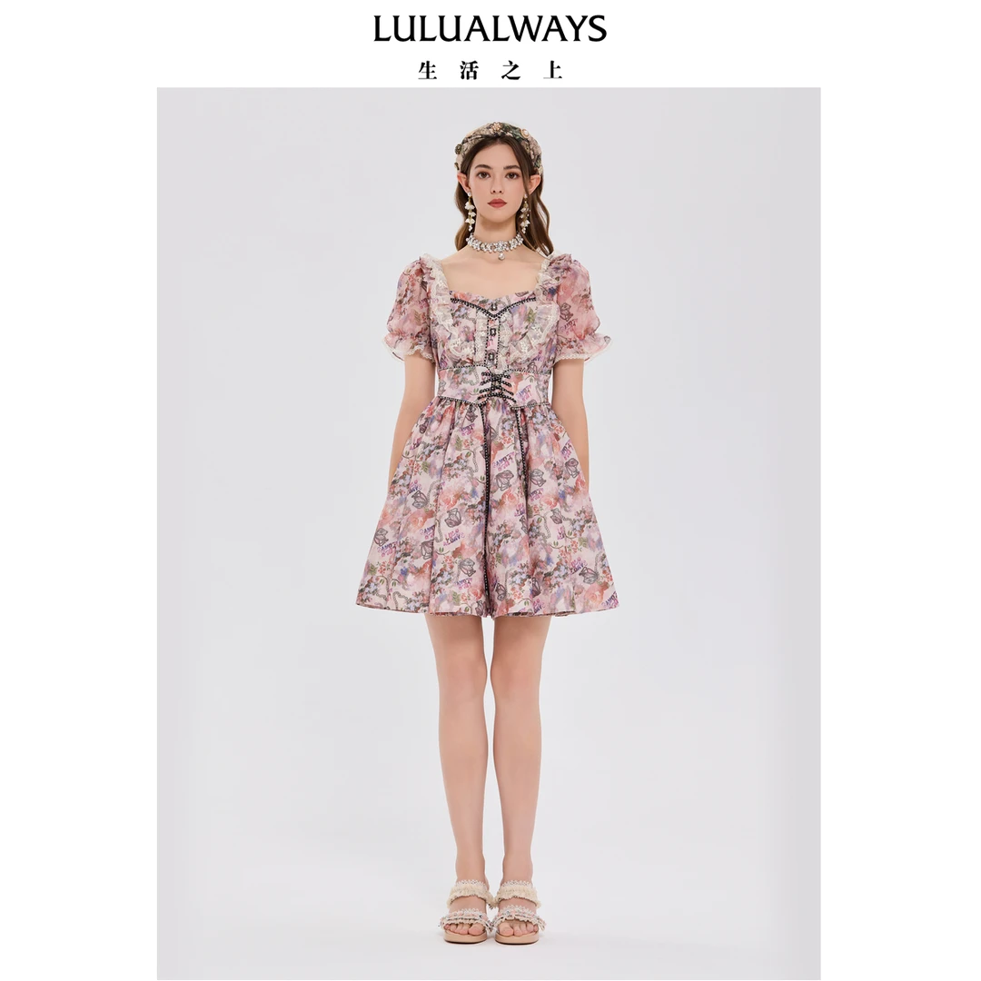 LULUALWAYS我爱露露25夏季新款法式甜美俏皮泡泡袖蓬摆设计连衣裙